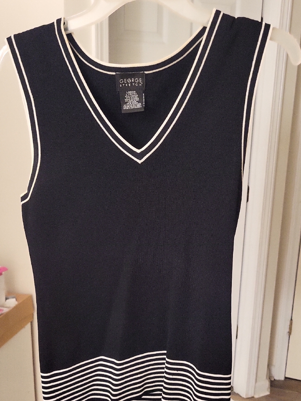 George Black Knit Sleeveless V-Neck Dress with White Trim